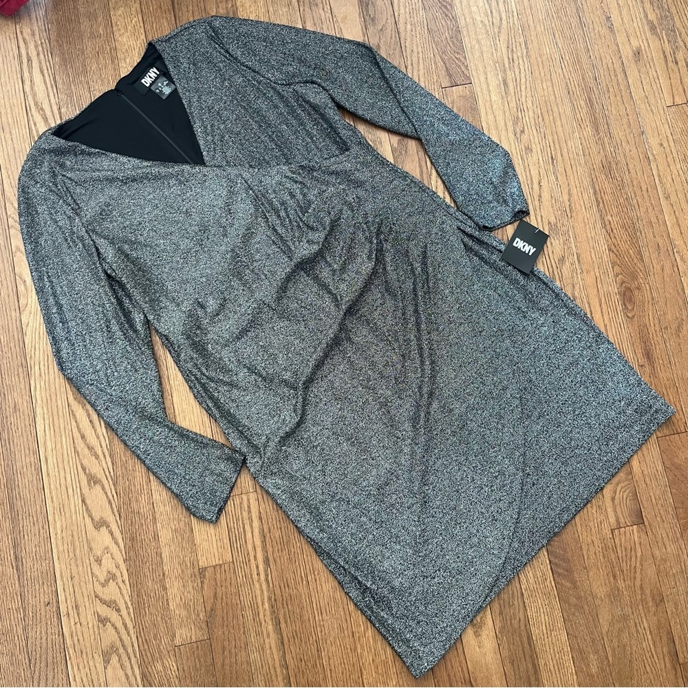 DKNY Metallic Silver/Black Knit Dress Faux Wrap Size 16